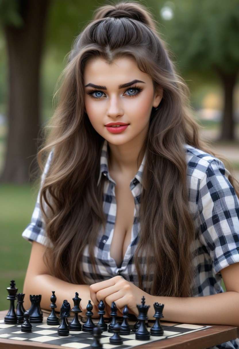 25yo busty 3K4T3R1N4 play chess in park, knotted shirt, adorable face, long hair