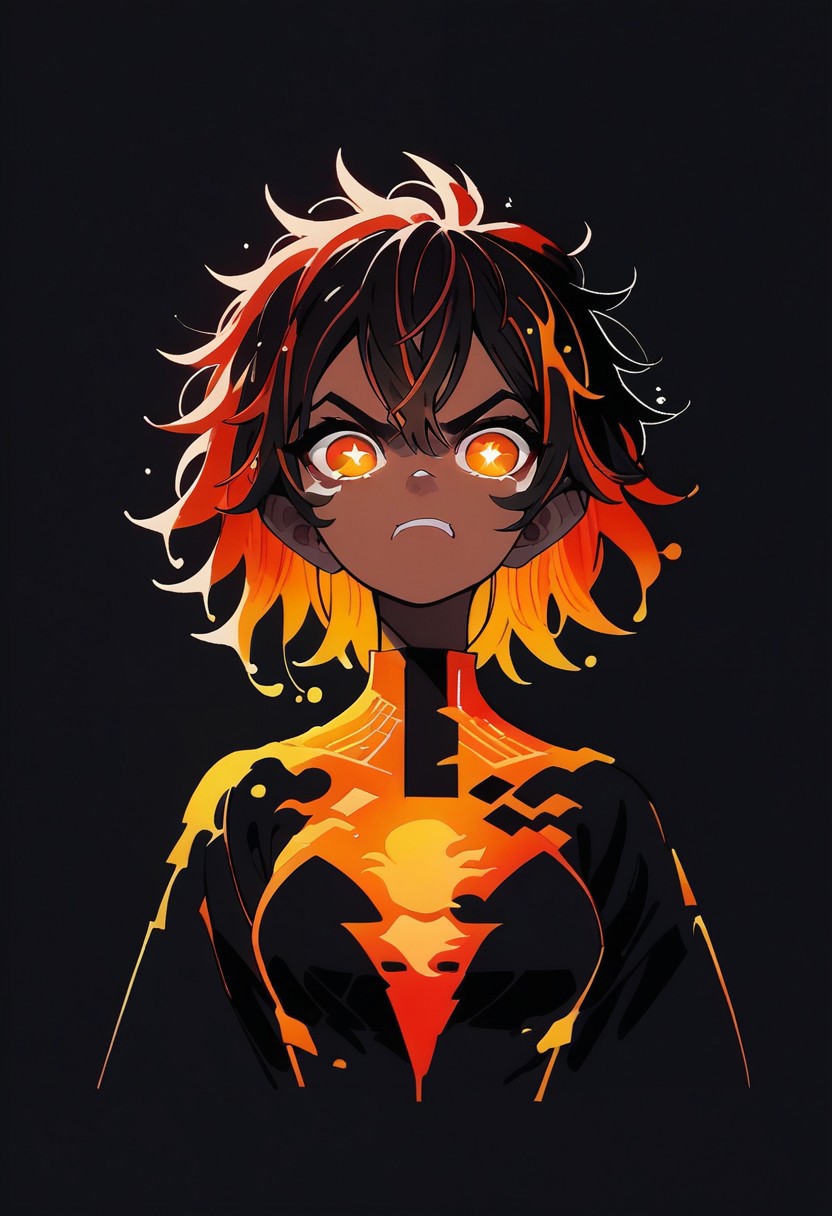 score_9, score_8_up, score_7_up, CMRNM, volumetric lighting, portrait, face focus, 
BREAK
1girl, short hair, red pupils, fire mage, fiery hair, messy hair, dark red hair, leotard, gold patterns on leotard, angry face, sparkling eyes, arcane energy, lava dripping down face, dripping lava, flames in background, flames accentuates features,