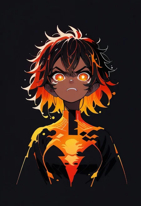 score_9, score_8_up, score_7_up, CMRNM, volumetric lighting, portrait, face focus, 
BREAK
1girl, short hair, red pupils, fire mage, fiery hair, messy hair, dark red hair, leotard, gold patterns on leotard, angry face, sparkling eyes, arcane energy, lava dripping down face, dripping lava, flames in background, flames accentuates features,