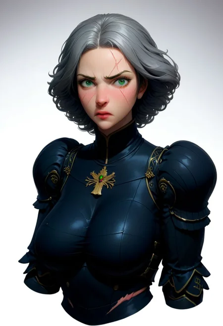 score_9, score_8_up, score_7_up, score_6_up, score_5_up, score_4_up, pureerosface_v1, (masterpiece,best quality,ultra-detailed:1.6) , verybadimagenegative_v1.3, upscaled, beautiful eyes, high resolution, <lora:princess_xl_v2:0.7>, thepit style, conceptart, white background, simple background, lin beifong, black armor, (skimpy armor), (sexy), (looking at viewer), (big breasts), grey hair, (shy pose), (green eyes), (scar), short hair, (thigh highs), (boots), (angry), (full body), (good lighting),