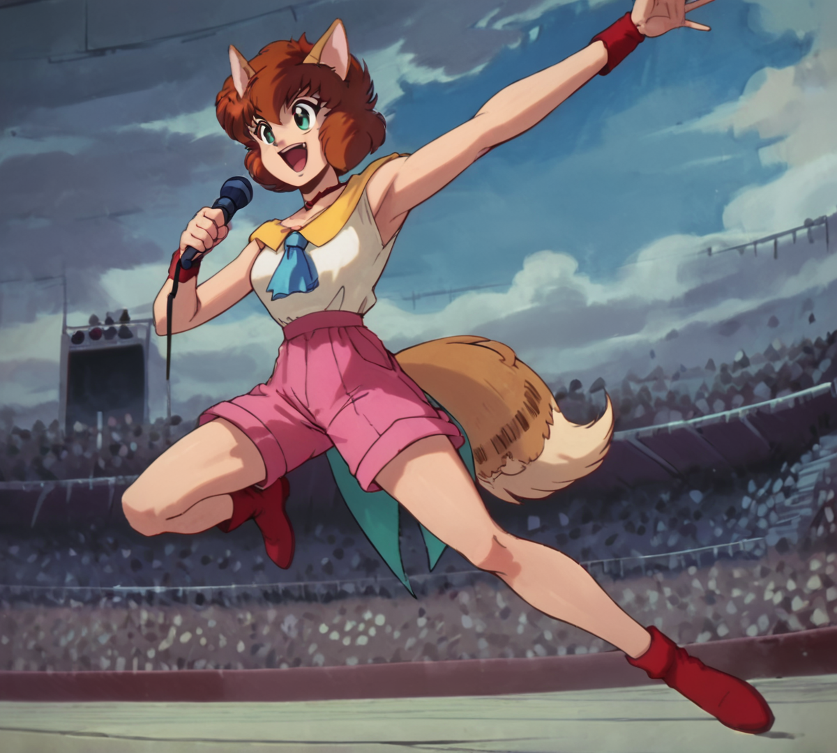 Koto, zPDXL, best quality, amazing quality, score 9, 1girl, microphone, holding microphone, excited, smile, jumping, open mouth, excited, arm up, cheering, smile, full body, microphone, holding microphone, <lora:Koto:0.8>