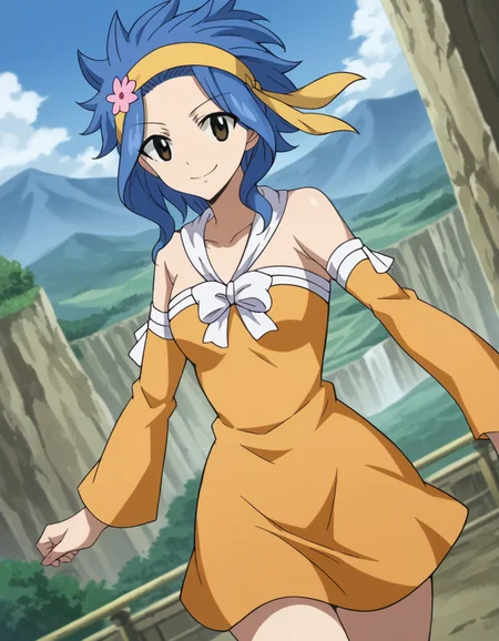 score_9, score_8_up, score_7_up, source_anime,
levymcgarden, <lora:levy-mcgarden-s7-ponyxl-lora-nochekaiser:1>,
levy mcgarden, brown eyes, blue hair, short hair, sidelocks,
hair ornament, dress, bare shoulders, collarbone, flower, detached sleeves, hair flower, strapless, headband, short dress, strapless dress, orange dress,
indoors, landscape, smile,
looking at viewer, dutch angle, cowboy shot,