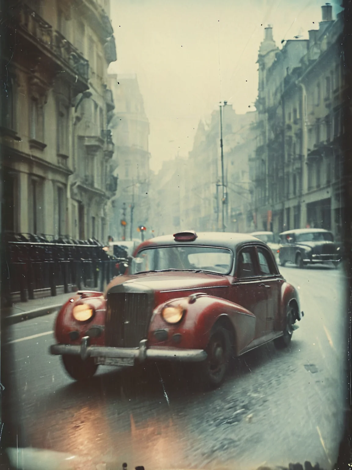 35mm Vintage photo, Two Customized Cars Rolling Through A City Street, <lora:Vintage_Street_Photo:1>, <lora:add-detail-xl:0.8>
