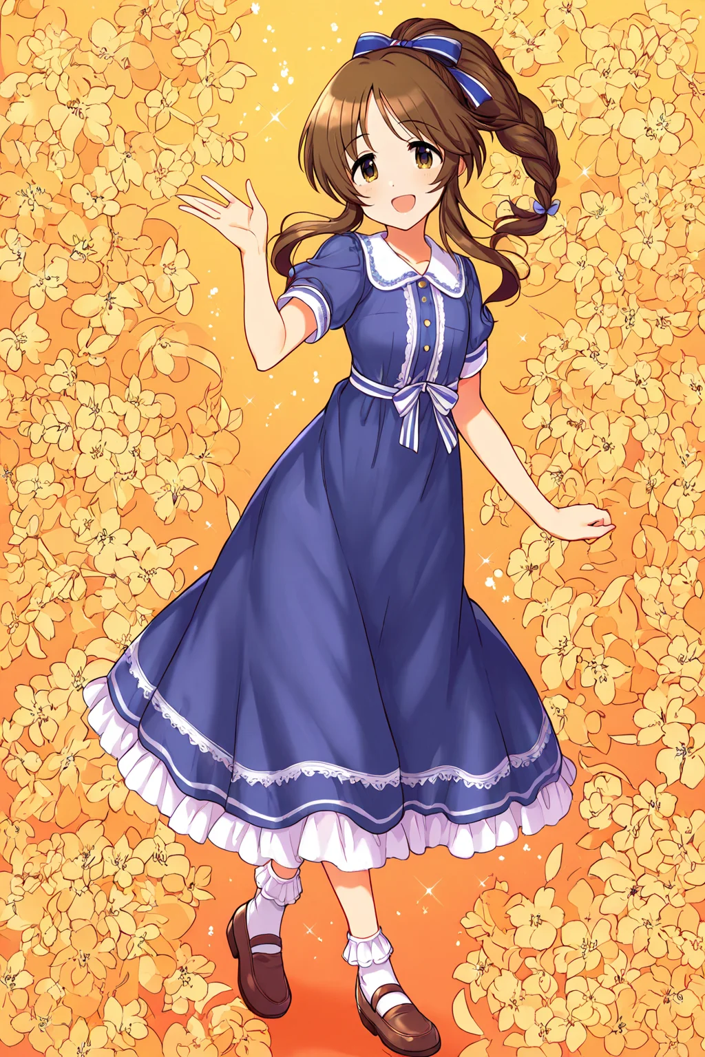 masterpiece,best quality,very aesthetic,absurdres,highres,newest,official art,official style,
1girl,solo,
takamori aiko,brown eyes,brown hair,long hair,sidelocks,
blue dress,blue ribbon,bobby socks,braid,brown footwear,dress,hair ribbon,ponytail,ribbon,short sleeves,socks,white socks,
<lora:eye_focus:1>,eye_focus,
flower,
smile,standing,full body,open mouth,looking at viewer,
<lora:idolmaster_takamori_aiko_ill_v1.0:1>,