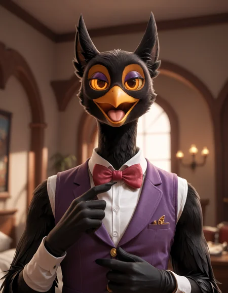 score_9, score_8_up, score_7_up, BREAK (anthro, furry:1.1), depth of field, cinematic lighting, masterpiece, detailed hands, detailed face, best quality, ultra realistic, 4k, 2k, film photography, RAW photo, photorealistic, analog style, subsurface scattering, photorealism, embedding:unaestheticXL_bp5, embedding:zPDXL,(best quality, high quality, 8K:1.5), <lora:add-detail-xl:2.5>, <lora:fix_hands.safetensors:2.0>, <lora:2.5DRealisticV2.safetensors:0.2>, <lora:sinfully_stylish_SDXL.safetensors:0.6>, <lora:AdvancedEnhancerXLv2.safetensors:1.0>, (hi res), ((masterpiece)), ((best quality)), illustration, <lora:Barnaby (Billie Bust Up).safetensors:0.8>, barnaby, avian, ghost, owl, spirit, black body, yellow eyes, long neck, feathers, vest, digitigrade, bow tie, purple clothing, open mouth, orange tongue, black beak