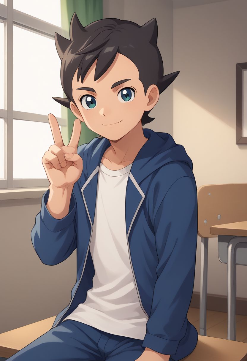 score_9, score_8_up, source_anime, highly detailed, 1boy, solo, male_focus
asuto, 1boy, male focus, solo, blue jacket, shirt, white shirt, closed mouth, black hair,
hoodie, open hoodie, indoors, bangs, looking at viewer, short hair, eyelashes, smile, v sign, sit,
indoor,