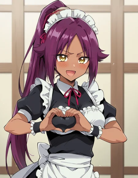 score_9, score_8_up, score_7_up, source_anime, <lora:yoruichi-shihouin-ponyxl-lora-nochekaiser:1> yoruichi shihouin, long hair, yellow eyes, ponytail, purple hair, dark skin, dark-skinned female, medium breasts, <lora:moe-moe-kyun-ponyxl-lora-nochekaiser:1> heart-shaped boob challenge, moe moe kyun! heart hands, enmaided, maid, maid headdress, apron, maid apron, ,, open mouth, blush, embarrassed, clsoed eyes, smile,, cowboy shot
