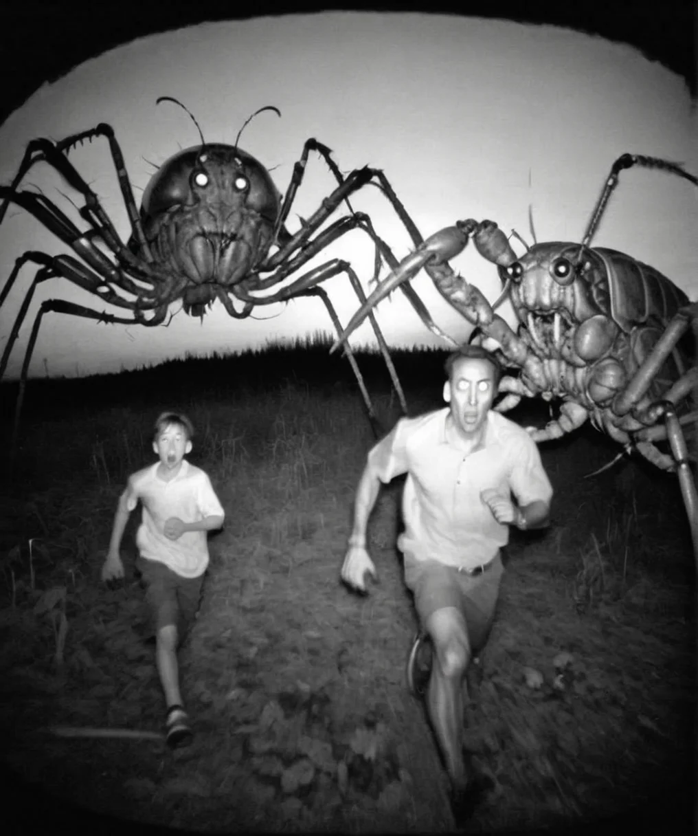 Camera trap, monochrome, A boy runs away from a giant bug, horror <lora:Camera_trap:1>
