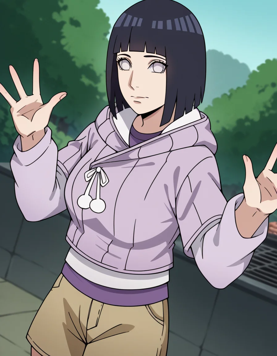 score_9, score_8_up, score_7_up, source_anime, <lora:hinata-hyuuga-boruto-anime-ponyxl-lora-nochekaiser:1>, hinata uzumaki, hyuuga hinata, short hair, bangs, black hair, blunt bangs, white eyes, mature female, large breasts,, long sleeves, shorts, hood, kneehighs, hoodie, hood down, brown shorts,, backyard, barbecue, grilling, laughter, summer evening, , looking at viewer, hand making an OK sign, solo,, cowboy shot, dutch angle
