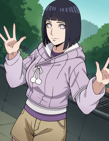 score_9, score_8_up, score_7_up, source_anime, <lora:hinata-hyuuga-boruto-anime-ponyxl-lora-nochekaiser:1>, hinata uzumaki, hyuuga hinata, short hair, bangs, black hair, blunt bangs, white eyes, mature female, large breasts,, long sleeves, shorts, hood, kneehighs, hoodie, hood down, brown shorts,, backyard, barbecue, grilling, laughter, summer evening, , looking at viewer, hand making an OK sign, solo,, cowboy shot, dutch angle