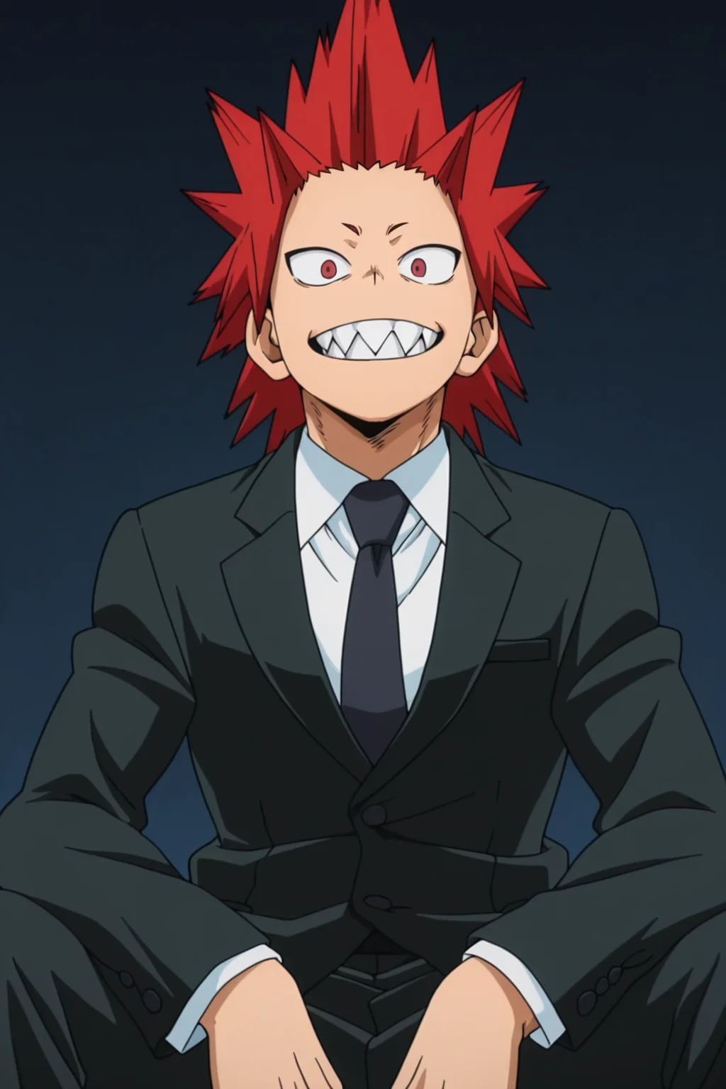<lora:KiriIllustrious:0.8>, 1boy, solo, Kirishima Eijirou, Red hair, Spiked hair, Red eyes, black suit, sitting, from below, simple background, looking at viewer, sharp teeth,official art, official style, anime screencap, masterpiece,best quality,amazing quality,