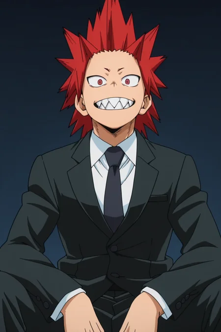<lora:KiriIllustrious:0.8>, 1boy, solo, Kirishima Eijirou, Red hair, Spiked hair, Red eyes, black suit, sitting, from below, simple background, looking at viewer, sharp teeth,official art, official style, anime screencap, masterpiece,best quality,amazing quality,