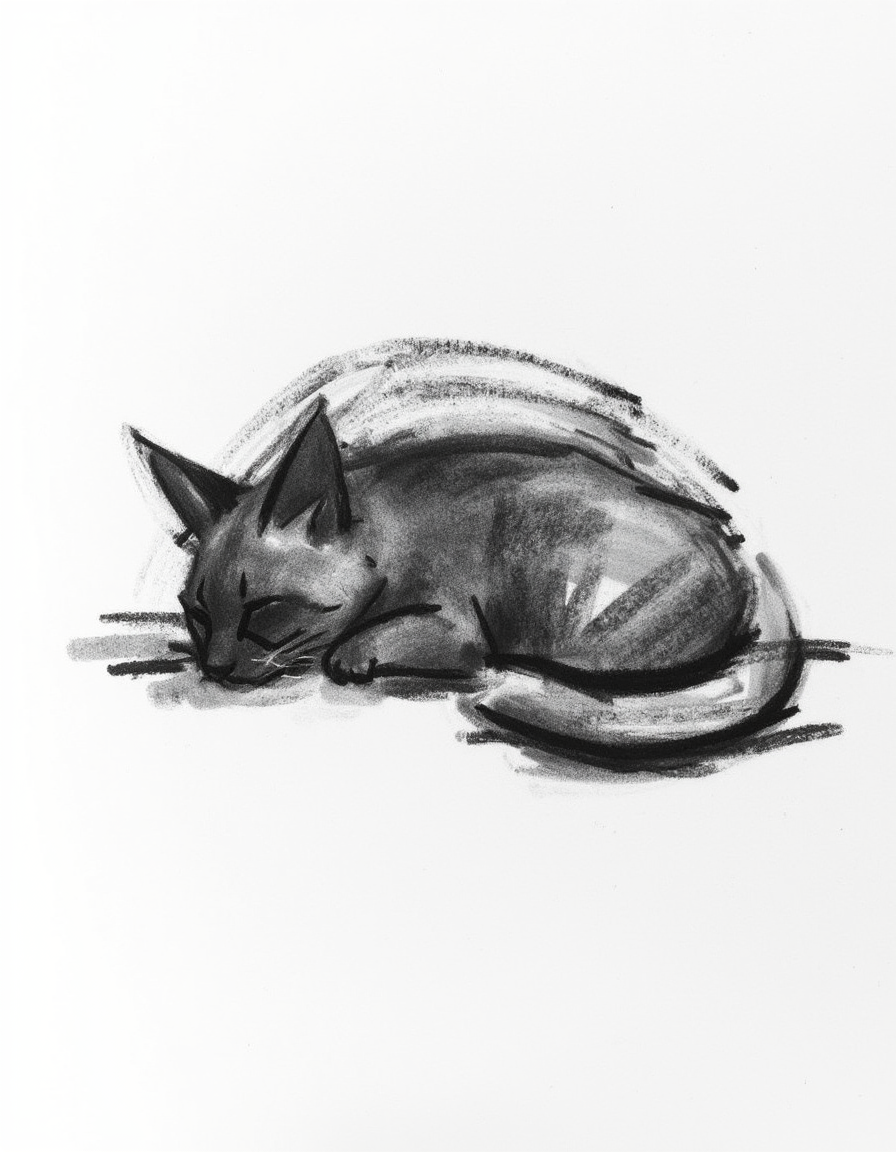 Minimalist charcoal drawing of a sleeping cat. Drawn with large charcoal smudges. almost abstract.<lora:Charcoal.safetensors:1.0:1.0>