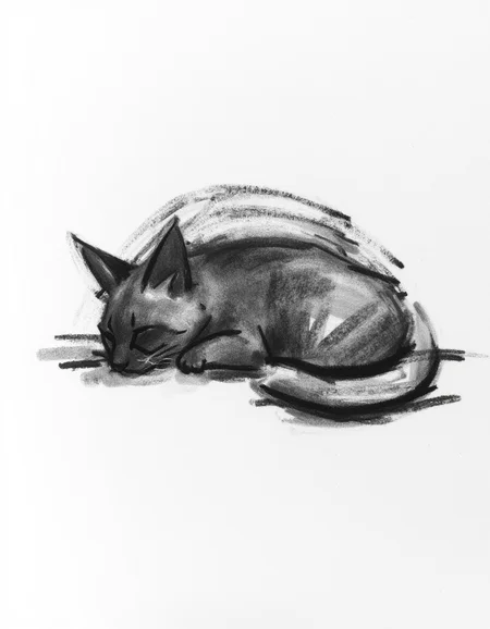 Minimalist charcoal drawing of a sleeping cat. Drawn with large charcoal smudges. almost abstract.<lora:Charcoal.safetensors:1.0:1.0>