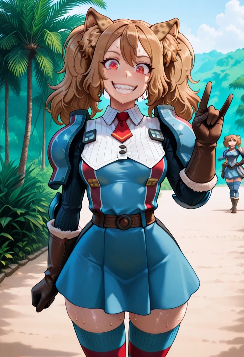 1 girl, LovUEruza, light brown hair, EruRedEyes, red eyes, EruPigtails, CheetahEars, EruSharpTeeth,
blue armor, striped armor, shoulder armor, collared shirt, ribbed shirt, red necktie, short necktie, brown gloves, blue skirt, blue thighhighs, red striped thighhighs, brown boots,
sweaty, spunky grin, open mouth, looking at you, looking at the viewer, posing for a photo, she is visiting Chichen Itza but it too hot, piece hand gesture,
outdoors, green lush jungle, Ch1chen,,
cowboy shot,
HateIsOn,
masterpiece, best quality, newest, absurdres, highres, ,amazing quality, (masterwork, masterpiece, best quality, hyper-detailed, 8k uhd::1.4),
IllusP0s, masterpiece,best quality,amazing quality,very aesthetic,high resolution,ultra-detailed,absurdres,newest, masterpiece, best quality, amazing quality, very aesthetic, detailed eyes, perfect eyes, realistic eyes, IllusP0s