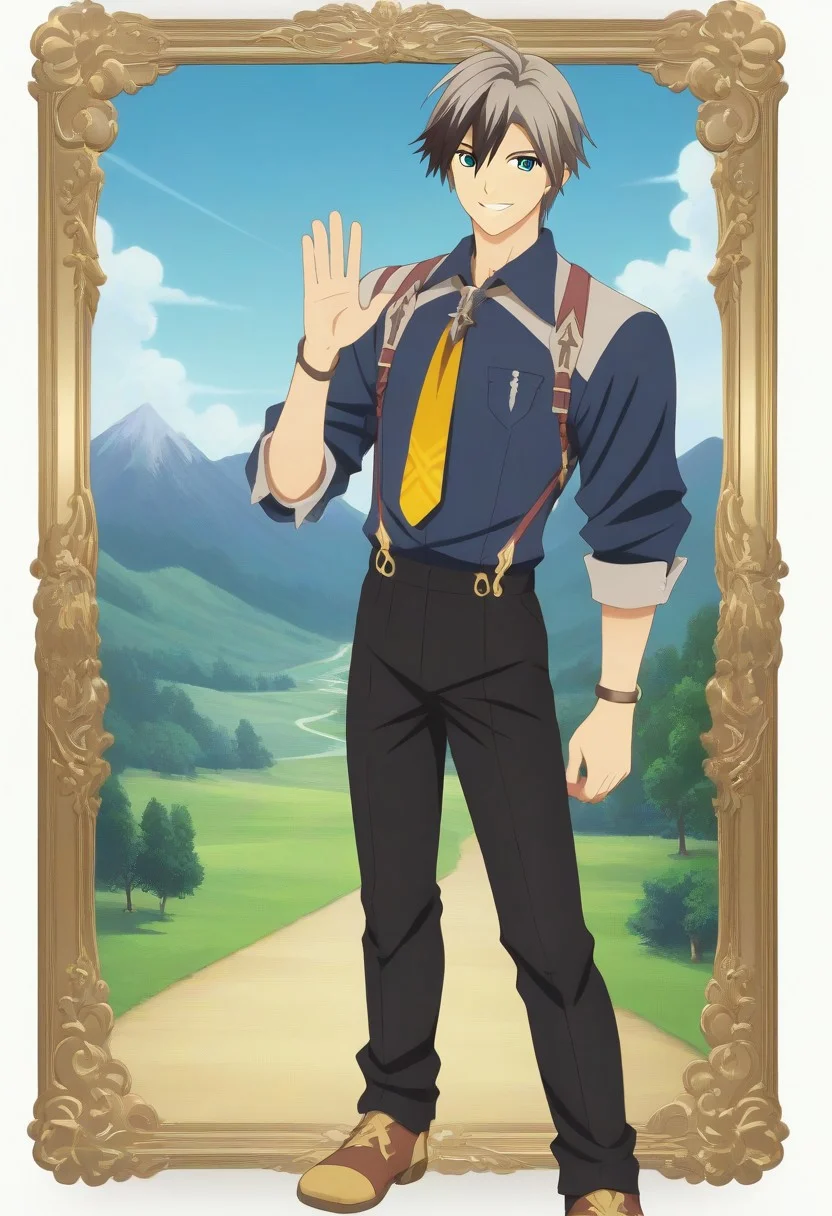 ((masterpiece)), ((best quality)), ((ultra-detailed)), ((absurdres)), score_9_up, score_8_up, score_7_up,
HD, top quality, best quality, amazing quality, High-quality illustrations, anime screencap, source_anime, best aesthetic, perfect proportions, perfect eyes, 1boy, 1male, solo boy, solo male, male focus, solo male focus, Anime, boy, male anime character, anime boy, handsome, cute, charming, sexy, good-looking, Ludger Will Kresnik, multicolored hair, two-tone hair, green-blue eyes, blue collared shirt, rolled sleeves, bracelet, yellow-orange necktie, brown suspenders, black pants, brown-yellow shoes, ((lean body)), ((tall body, tall height)), ((adventure fantasy background, nature background, mountains)), ((full body shot, head to feet shot)), ((happy, smile, waving hello, waving hand gesture, 👋 gesture)), easynegative, updn, Expressiveh, masterpiece, best quality, very aesthetic, absurdres