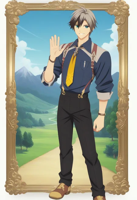 ((masterpiece)), ((best quality)), ((ultra-detailed)), ((absurdres)), score_9_up, score_8_up, score_7_up,
HD, top quality, best quality, amazing quality, High-quality illustrations, anime screencap, source_anime, best aesthetic, perfect proportions, perfect eyes, 1boy, 1male, solo boy, solo male, male focus, solo male focus, Anime, boy, male anime character, anime boy, handsome, cute, charming, sexy, good-looking, Ludger Will Kresnik, multicolored hair, two-tone hair, green-blue eyes, blue collared shirt, rolled sleeves, bracelet, yellow-orange necktie, brown suspenders, black pants, brown-yellow shoes, ((lean body)), ((tall body, tall height)), ((adventure fantasy background, nature background, mountains)), ((full body shot, head to feet shot)), ((happy, smile, waving hello, waving hand gesture, 👋 gesture)), easynegative, updn, Expressiveh, masterpiece, best quality, very aesthetic, absurdres
