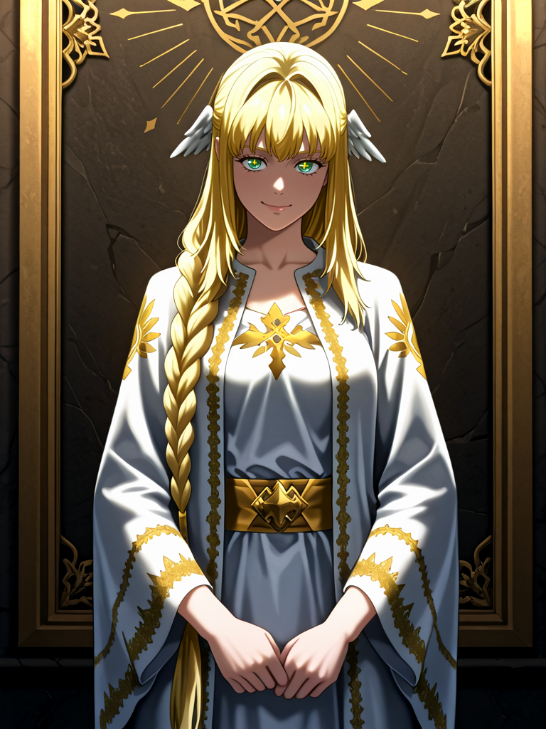 masterpiece,high quality,highres,absurdres,(<lora:Dolores Quovadis22:1>,1 girl,solo,long hair straight hair,blonde hair,thick braid,long braid,straight fringe,wing hair ornament,green eyes,cross pupils || Dolores_Quovadis_ceremonial,white ceremonial dress,long robe,gold embroidery,golden trim,wide sleeves,high waist sash),seductive smile,cute face,
bioluminescent spores drifting through deep caverns, an explorer tracing glowing symbols on the walls.,
<lora:Half_Art_Style_IL:1>,
