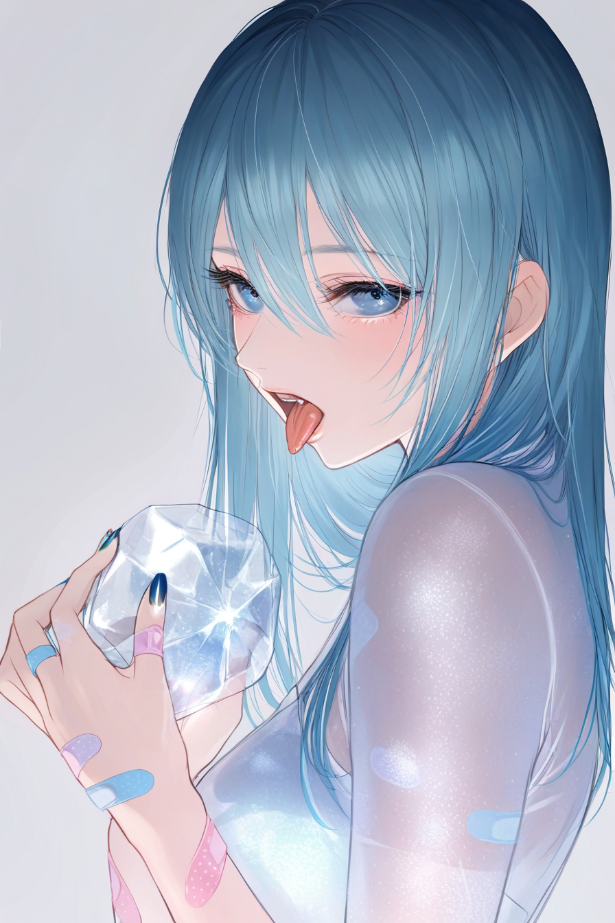 1girl, solo, bandaid, long hair, bandaid on hand, open mouth, bandaid on arm, looking at viewer, tongue, upper body, blue hair, nail polish, simple background, blue eyes, hands up, blue nails, tongue out, from side, grey background, fingernails, teeth,see-through, frozen, hair between eyes, transparent,transparent plastic covered girl,
BREAK,masterpiece,best quality,amazing quality,very aesthetic,absurdres,newest