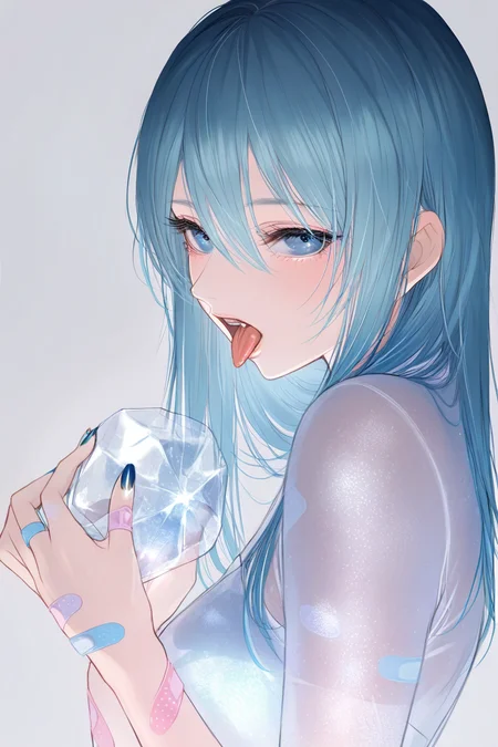 1girl, solo, bandaid, long hair, bandaid on hand, open mouth, bandaid on arm, looking at viewer, tongue, upper body, blue hair, nail polish, simple background, blue eyes, hands up, blue nails, tongue out, from side, grey background, fingernails, teeth,see-through, frozen, hair between eyes, transparent,transparent plastic covered girl,
BREAK,masterpiece,best quality,amazing quality,very aesthetic,absurdres,newest
