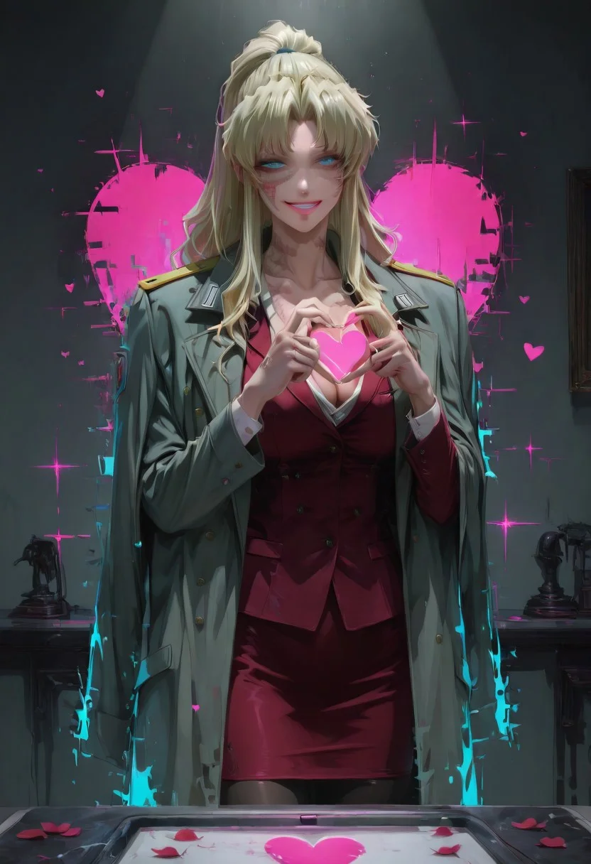 r17329_illu, xxx667_illu, glowing, glitch,
masterpiece, best quality, good quality, newest, highres, absurdres, volumetric lighting,gradient color, censored,<lora:add-detail-xl:1>,
BREAK
kftlove, heart, heart hands,
BREAK
raytracing, volumetric lighting, ambient occlusion, girl, background, masterpiece, best quality, very awa, absurdres, neoexpressinoda,
BREAK
ambient occlusion, raytracing, soft lighting, blum effect, masterpiece, absolutely eye-catching, particles, glow, shining, military background, detailed face, detailed eyes, (beautiful face),
BREAK
masterpiece,amazing quality,best quality,ultra-detailed,8K,illustration,CG,shiny hair,clear skin,ultra-detailed-eyes, detailed background,cute girl, eyelashes, love hotel, petals falling,
BREAK
(sexy, slutty, hot, aroused),
balalaika,blonde hair,ponytail,long hair,blue eyes, mole under eye, mole,scar,scar on face,scar across eye,burn scar,mature female, 1girl, low twintails,
cleavage,formal clothes,red skirt suit,red suit,red pencil skirt,pantyhose,gray green coat,gray green long coat,gray green military coat,military coat on shoulder,open coat,
BREAK,
evil grin, crazy grin, close-up, hdr, no lineart,