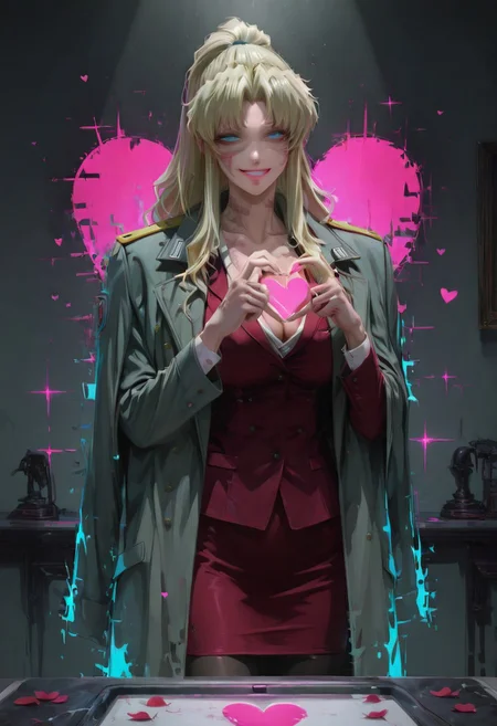 r17329_illu, xxx667_illu, glowing, glitch,
masterpiece, best quality, good quality, newest, highres, absurdres, volumetric lighting,gradient color, censored,<lora:add-detail-xl:1>,
BREAK
kftlove, heart, heart hands,
BREAK
raytracing, volumetric lighting, ambient occlusion, girl, background, masterpiece, best quality, very awa, absurdres, neoexpressinoda,
BREAK
ambient occlusion, raytracing, soft lighting, blum effect, masterpiece, absolutely eye-catching, particles, glow, shining, military background, detailed face, detailed eyes, (beautiful face),
BREAK
masterpiece,amazing quality,best quality,ultra-detailed,8K,illustration,CG,shiny hair,clear skin,ultra-detailed-eyes, detailed background,cute girl, eyelashes, love hotel, petals falling,
BREAK
(sexy, slutty, hot, aroused),
balalaika,blonde hair,ponytail,long hair,blue eyes, mole under eye, mole,scar,scar on face,scar across eye,burn scar,mature female, 1girl, low twintails,
cleavage,formal clothes,red skirt suit,red suit,red pencil skirt,pantyhose,gray green coat,gray green long coat,gray green military coat,military coat on shoulder,open coat,
BREAK,
evil grin, crazy grin, close-up, hdr, no lineart,