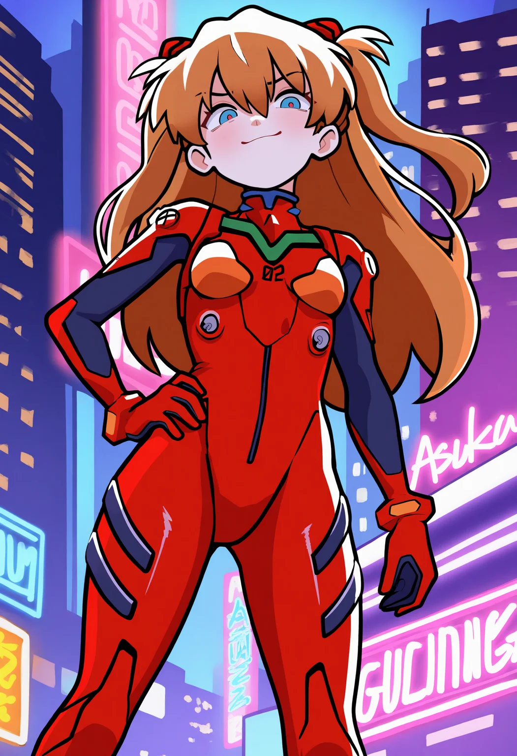 best quality, amazing quality, very aesthetic, absurdres, BREAK
1girl, asuka langley, red plugsuit, standing, smug, looking at viewer, futuristic background, neon light , buildings, night, <lora:ShoeguyNoob_byKonan:1>