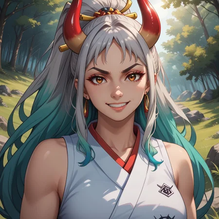score_9, score_8, BREAK, solo, yamato, ahoge, aqua hair, brown eyes, earrings, grey hair, green hair, hair ornament, hair stick, high ponytail, long hair, multicolored hair, multicolored horns, oni, shimenawa, sidelocks, v-shaped eyebrows, very long hair, sexy pose, self portrait, smile, looking at viewer, outdoors, sunlight, shadows, evening lighting, natural lighting, forest, trees, grass, orange sky, sunset