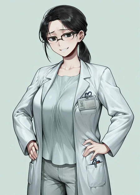 masterpiece, best quality, amazing quality, absurdres,
h1roo, c0ath1roo, 1girl, black eyes, black hair, breasts, large breasts, ponytail, black-framed eyewear, semi-rimless eyewear, white coat, labcoat, name tag, shirt, collarbone, id card, pants, pocket, grey pants, long sleeves,
, smile, standing, hands on the hips, cowboy shot, looking at viewer, standing, blush, simple background, dark green background,