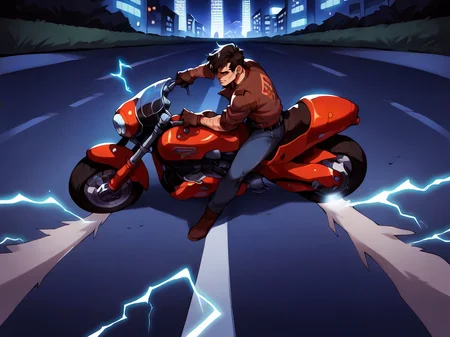 score_9, score_8_up, score_7_up, score_6_up, score_5_up, <lora:AkiraslideXLP2:0.6> akira slide, motorcycle, motor vehicle, ground vehicle, road, solo, city, electricity, night, street, lightning, motorcycle, motorcycle