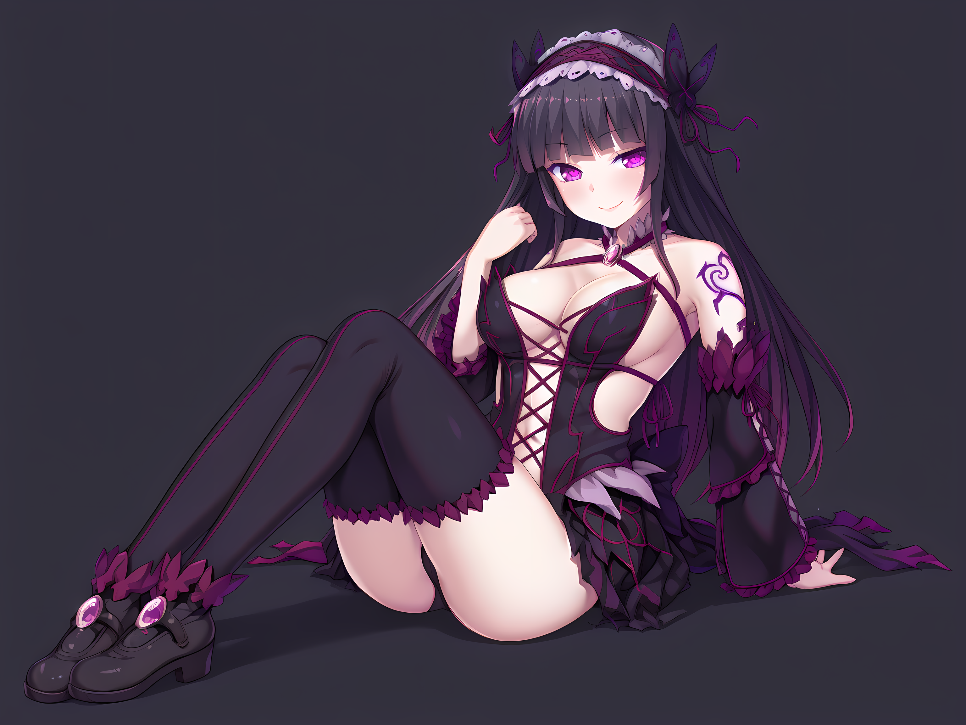 <lora:Kukizawa_Kokoro_-_Yamizome_Revenger_-_Escude:1>,1girl,solo,kokoro,large breasts,evil outfit,shoes,smile,skirt,thighhighs,dark persona, masterpiece,best quality,amazing quality,