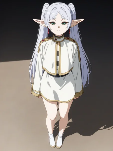 best quality,masterpiece,highres,absurdres,1girl,solo,newest,rating: general, <lora:Frieren_XL-step00001000:0.6> ,(frieren, pointy ears, elf, earrings, twintails, parted bangs, grey hair, thick eyebrows),(full body:1.1),smile,