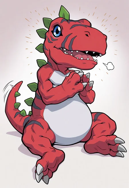 masterpiece,best quality,amazing quality, ultra high detail, good anatomy, perfect anatomy, anatomically correct hands, ultra detailed face, solo, , handsome, male only, Tyrannomon, Tyranomon, Digimon, Digital, Monster, red body, green spines, blue eyes, white belly on just tyrannomon, feral, buff, male only, tail in view, wagging tail, sitting, clapping