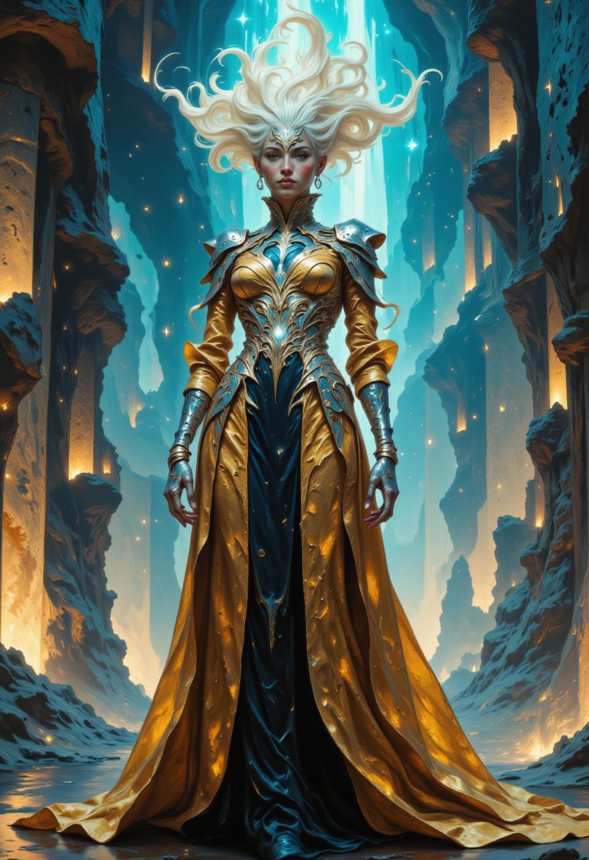 A solitary woman stands in a surreal fashion scene, blending 16th century Belgium elegance with 24th century futurism. She wears a sculpted gown with a farthingale-inspired silhouette, the fabric metallic and translucent, shifting with holographic patterns. The bodice is armored with chrome filigree, embedded circuits, and micro-lights. Her lace sleeves flow over bio-mechanical gloves, detailed with glowing embroidery. A gilded VR visor covers her eyes, projecting floating virtual gemstones orbiting her head. Her hair is styled in towering architectural waves, threaded with luminous fiber optics. The background is an avant-garde dreamscape — luminous walls layered with floating sequins, iridescent panels, and fragmented reflective surfaces. Abstract geometric forms rise like futuristic monuments, glowing in gradients of sapphire, rose gold, and electric amber. The floor emits a soft prismatic glow, while digital particles drift through the air, creating a suspended, ethereal atmosphere. The scene captures timeless opulence fused with technological artistry in a visionary expression of future fashion.