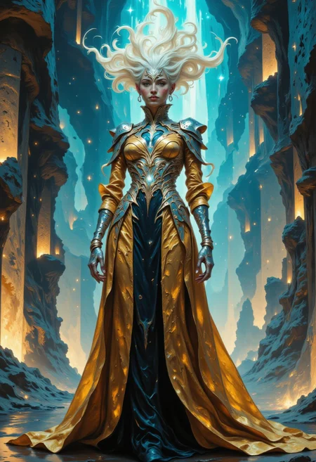 A solitary woman stands in a surreal fashion scene, blending 16th century Belgium elegance with 24th century futurism. She wears a sculpted gown with a farthingale-inspired silhouette, the fabric metallic and translucent, shifting with holographic patterns. The bodice is armored with chrome filigree, embedded circuits, and micro-lights. Her lace sleeves flow over bio-mechanical gloves, detailed with glowing embroidery. A gilded VR visor covers her eyes, projecting floating virtual gemstones orbiting her head. Her hair is styled in towering architectural waves, threaded with luminous fiber optics. The background is an avant-garde dreamscape — luminous walls layered with floating sequins, iridescent panels, and fragmented reflective surfaces. Abstract geometric forms rise like futuristic monuments, glowing in gradients of sapphire, rose gold, and electric amber. The floor emits a soft prismatic glow, while digital particles drift through the air, creating a suspended, ethereal atmosphere. The scene captures timeless opulence fused with technological artistry in a visionary expression of future fashion.