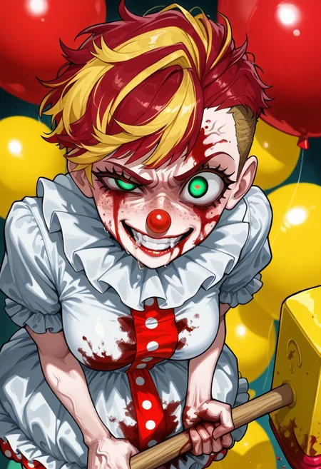 Pst,
1girl, solo, short hair,red hair, blonde hair, undercut,multicolored hair, frilled white dress , red polka dot, green eyes, big eyes:1.2, freckles:2.0, uneven eyes,mismatched irises, mismatched pupils, empty eyes,
medium breasts,atlethic body, 
mad face, forced smile, mad eyes, giant eyes, angry face, angry veins, clenched teeth,
clown, clown clothes, frilled onesie ,epic colors, giant hammer, red nose, red balloon, yellow balloon,rubber hammer,
 ,solo,
blood on hammer, blood on face, blood on dress,blood on hands, blood on hair, blood on teeths, saliva,