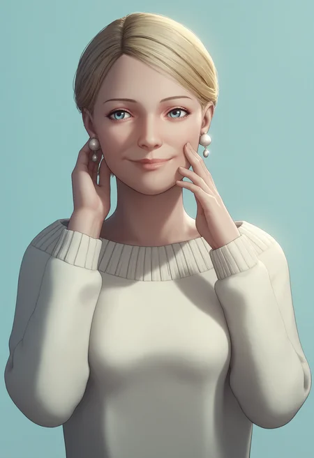score_9, score_8_up, score_7_up, score_6_up, score_5_up, score_4_up, 1girl, <lora:MyraCastellanos_r2:0.85> solo, medium breasts, short hair, blonde hair, blue eyes, lips, jewelry, earrings, white sweater, sweater, standing, upper body, hand on face, smile,
light blue background, simple background,