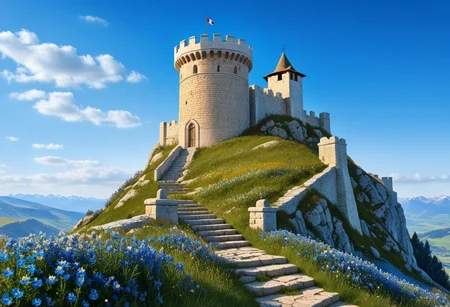 a crusader watchtower on a knoll, (13th Century:1.5), a stairway to the watchtower, gate, doorway, very wide shot, far out shot, fantasy, blue sky, alpine meadow flowers, best quality, masterpiece, realistic, photo-realistic, amazing, finely detail, ultra-detailed, highres, extremely detailed, 8k wallpaper