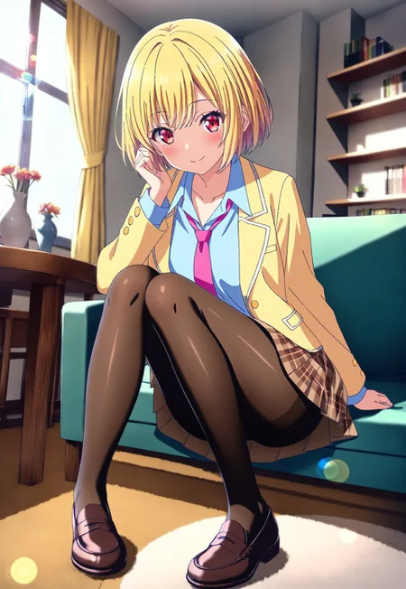 
masterpiece, best quality,amazing quality,(1girl), solo,(depth of field),(solo focus),8K,HDR,(ultra high res),(highres),(full body),(lens flare),smile,blush,(karin istel),bangs,(blonde hair),(short hair),(red eyes),(collarbone),skindentation,(school uniform),(yellow jacket),(open jacket),(blazer),(pink necktie),(collared shirt),(blue shirt),(long sleeves),(brown skirt),(pleated skirt),(plaid skirt).(black pantyhose),(brown footwear),(loafers),(sitting on chair),(indoors),(looking at viewer),(room),(curtain),(table),(couch),(carpet),(shelf),(vase),(window),karin istel

