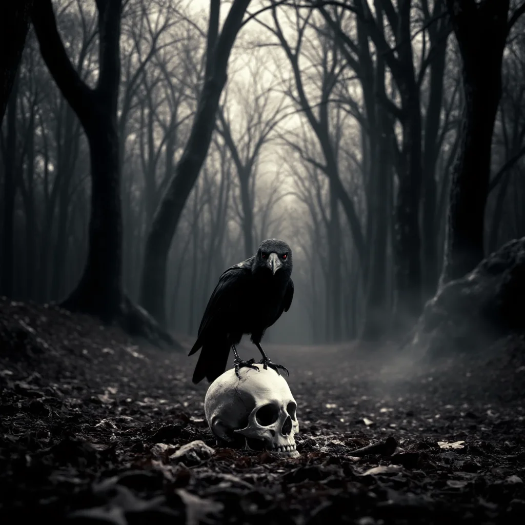 a dark and spooky scene of a scary crow with red eyes perched on a skull on the ground in a dense forest. The forest is filled with tall, dark trees with twisted branches. The ground is covered with dry leaves. There is a mist surrounding the forest, adding to the eerie atmosphere.