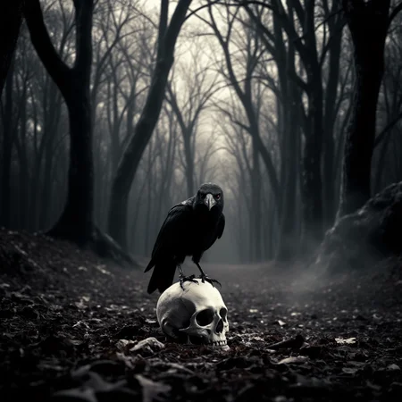 a dark and spooky scene of a scary crow with red eyes perched on a skull on the ground in a dense forest. The forest is filled with tall, dark trees with twisted branches. The ground is covered with dry leaves. There is a mist surrounding the forest, adding to the eerie atmosphere.