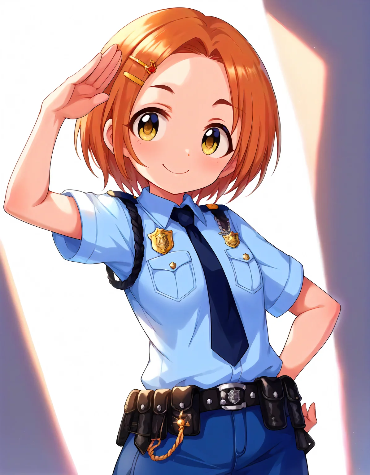 score_9,score_8_up,score_7_up,1girl,solo,cowboy shot,looking at viewer,smile,closed mouth,salute,<lora:ryuuzakikaoru_ponyXLV6:0.8>,cgrk,
orange hair,short hair,hairclip,yellow eyes,
police uniform