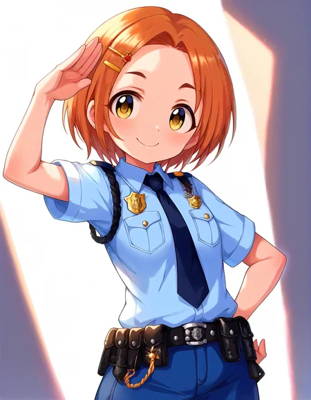 score_9,score_8_up,score_7_up,1girl,solo,cowboy shot,looking at viewer,smile,closed mouth,salute,<lora:ryuuzakikaoru_ponyXLV6:0.8>,cgrk,
orange hair,short hair,hairclip,yellow eyes,
police uniform