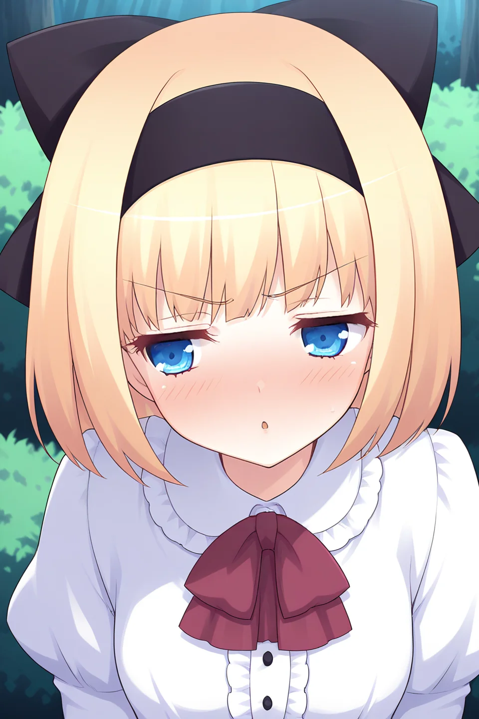 masterpiece, best quality, absurdres, official art, official style, rating general BREAK,
<lora:iriswindsor_IL_v1-2:0.7>, iris windsor, 1girl, solo, blue eyes, eyelashes, blonde hair, short hair, blunt bangs, bob cut, small breasts, petite, flat chest, hair bow, black hairband, black bow, casual, frilled dress, white collar, frilled collar, white shirt, dress shirt, center frills, red ascot, buttons, juliet sleeves, pink corset, cross-laced corset, portrait, close-up, outdoors,
blush, :o, annoyed, chestnut mouth, embarrassed, nose blush, open mouth, parted lips, triangle mouth, v-shaped eyebrows