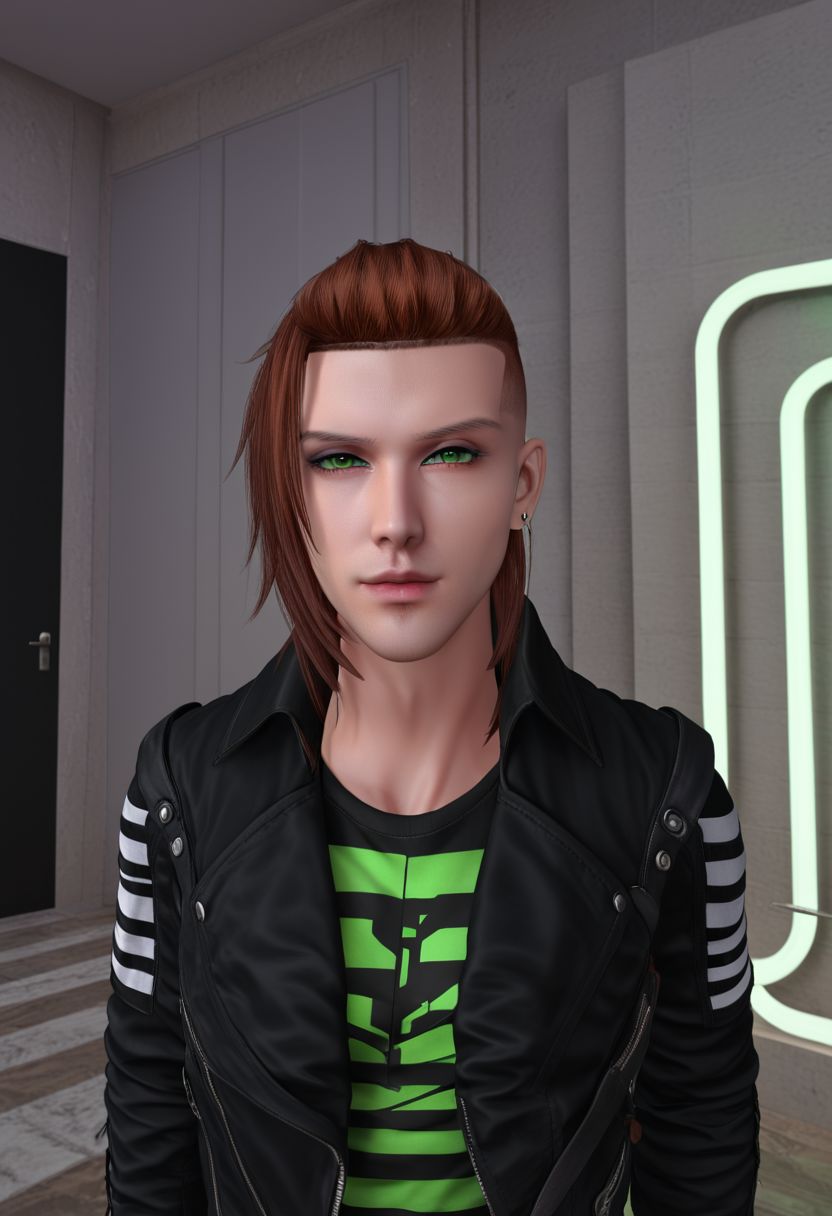 rpskxzt, solo, 1boy, male focus, jacket, piercing, striped shirt, brown hair, shirt, striped, looking at viewer, black jacket, realistic, ear piercing, upper body, leather jacket, green eyes, earrings, facial hair, jewelry, (((masterpiece))), ((ultra-detailed)),