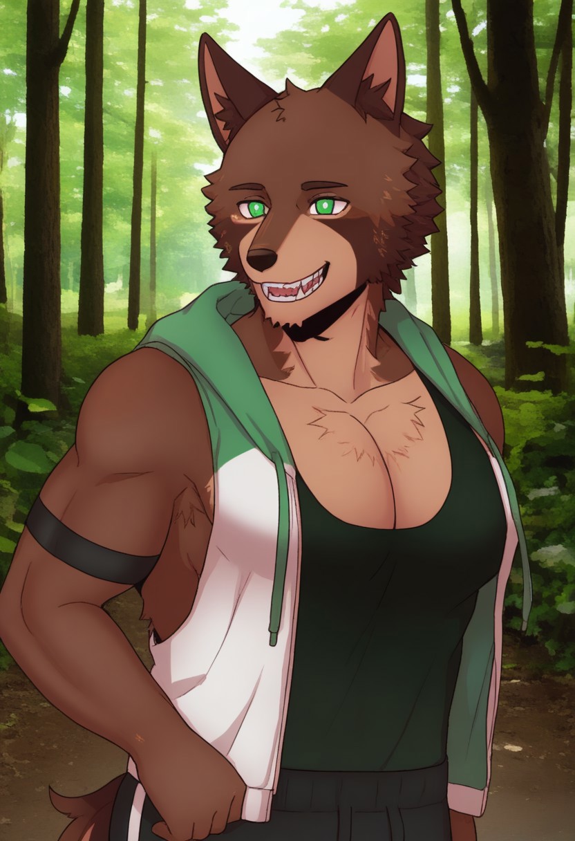 8K, (unparalleled masterpiece, amazing quality, best quality, crisp details), (extremely detailed:1.2), detailed eyes, very aesthetic, photographic realism, vibrant colors, beautiful, solo, 1boy,  Arkyn, wolf boy, muscular, large pectorals, brown fur, green eyes, wolf tail, nature, black tank top, green sleeveless hoodie, open jacket, white jogging shorts, face focus, close up, portrait, looking at viewer, front view, grin