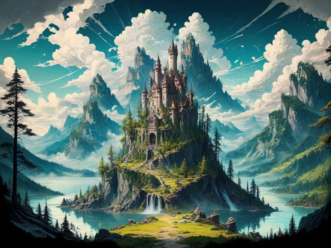 <lora:PE_EpicLand:0.8> PEEpicLand, illustration,
Epic Castle, mountains, sunshine, clouds,