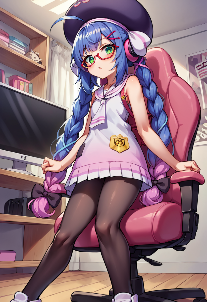 score_9, score_8_up, score_7_up, source_anime, BREAK
<lora:OtomachiUna_MMD_Pony_V1:0.85>Otomachi_Una, green eyes, gradient hair, blue hair, pink hair, very long hair, twin braids, black hair bow, hairclip, large ahoge, x hair ornament, sidelocks,
large hat,  purple hat, hat bow,
red-framed eyewear, under-rim eyewear,
short dress, sleeveless dress, frilled dress, randsare,
pantyhose, white footwear, shoes,
from below,, looking down,, upper body,,(ftame out hat),(sitting on a chair), @_@,name tag, Security buzzer,
Streamer room, gaming chair, gaming PC, game equipment, controller, TV monitor, PC monitor, headphones, headset, anime poster, game poster,