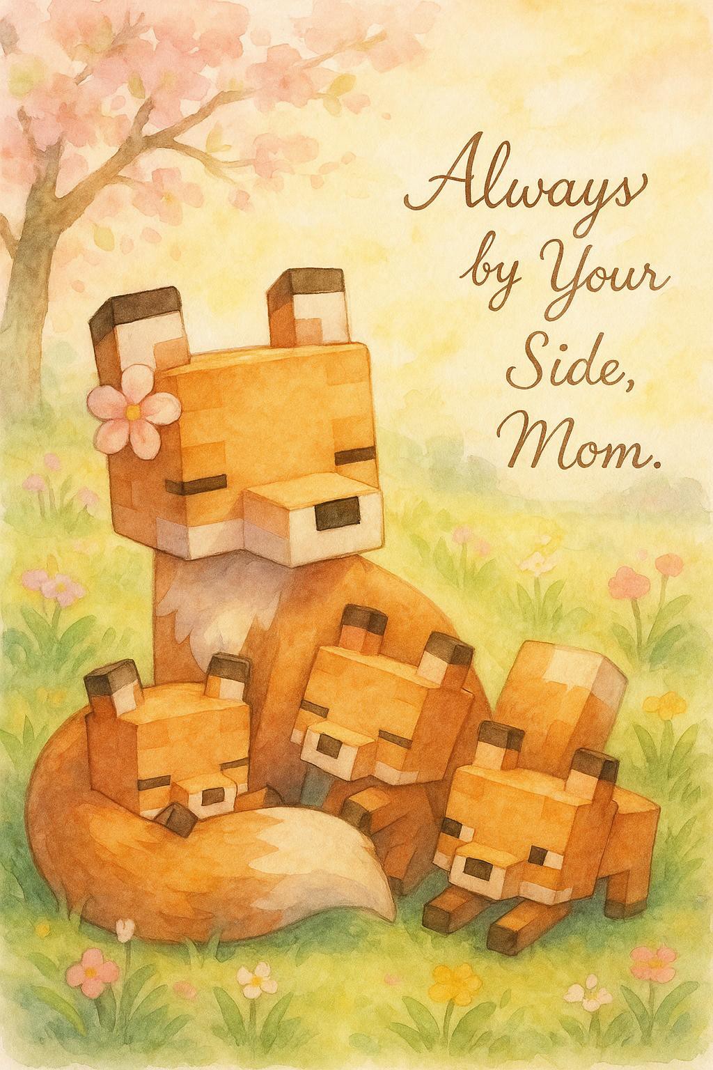 A watercolor banner featuring a stylized Minecraft fox mother with her cubs, in a peaceful and heartwarming spring setting. The mother fox is lying or sitting calmly, with a flower behind her ear, wrapping her tail around her children. The fox cubs (blocky but cute) cuddle, play, and sleep near her. The background is soft and pastel-colored, with blooming flowers, green grass, and a cherry blossom tree. Gentle morning or evening sunlight creates warm highlights. Everything is painted in soft watercolor style, blending the Minecraft shapes with emotional, artistic softness. This is a Mother's Day banner full of love and warmth.