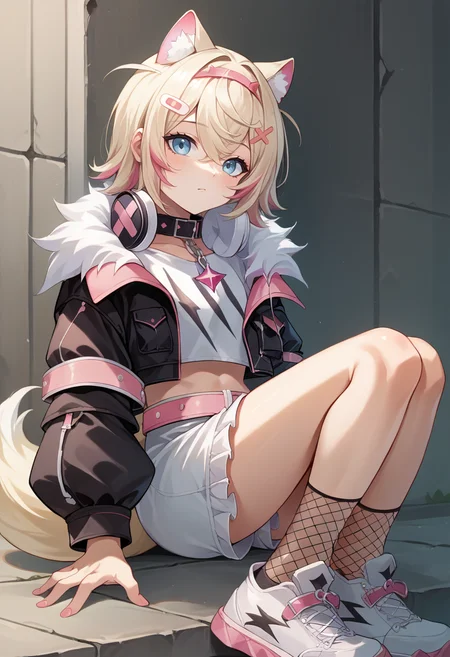 score_9, score_8_up, source_anime, 1girl, solo, MococoBase, short hair, streaked hair, hairband, hairclip, black collar, chain, headphones around neck, cropped shirt, white shirt, black jacket, cropped jacket, fur trim, pink belt, white shorts, fishnet socks, white sneakers, tail, <lora:ChamMococoAbyssgardPonyXL:1>